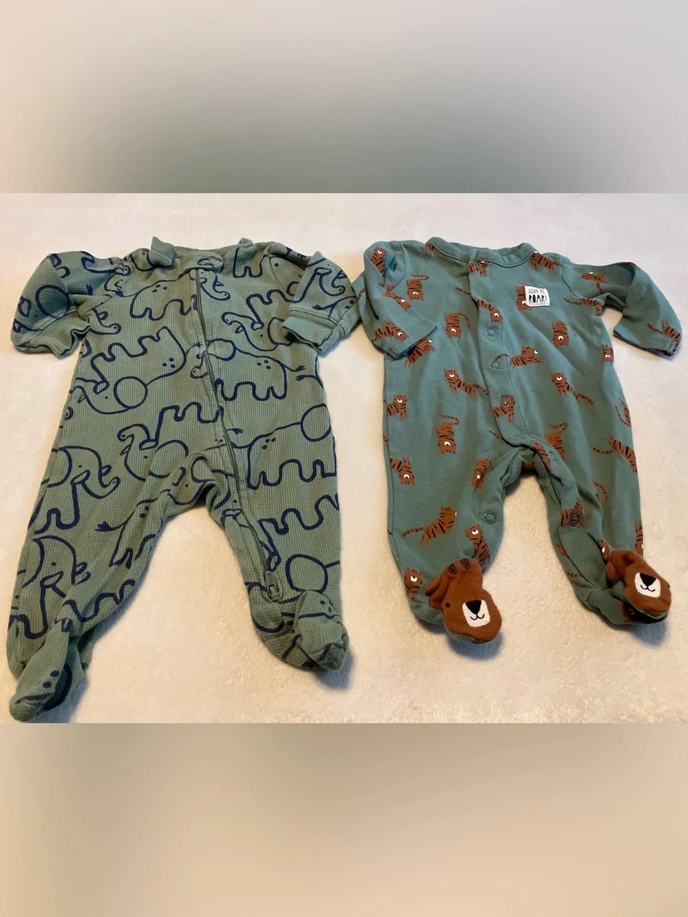 Green Elephant and Tiger Baby One-Piece Footed Pajama